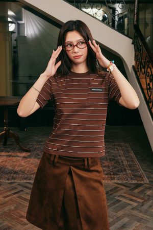 Korean-Style Retro Striped Slim-Fit Short Sleeve T-Shirt for Spring and Summer â€“ 90s Miu-Inspired Fashion Top