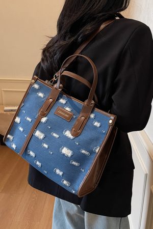 Korean-Style Ripped Denim Tote Bag for Women - Large Capacity Shoulder Crossbody Bag for Commuting - 2025 Fashion Trend
