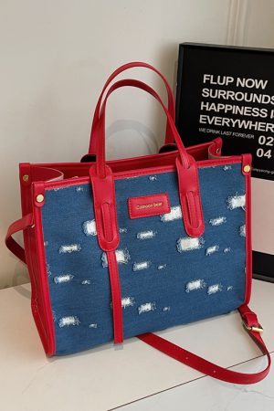 Korean-Style Ripped Denim Tote Bag for Women - Large Capacity Shoulder Crossbody Bag for Commuting - 2025 Fashion Trend