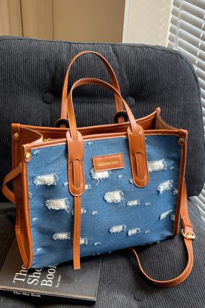Korean-Style Ripped Denim Tote Bag for Women - Large Capacity Shoulder Crossbody Bag for Commuting - 2025 Fashion Trend