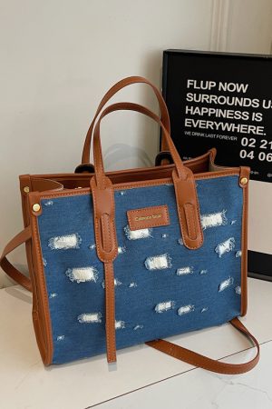 Korean-Style Ripped Denim Tote Bag for Women - Large Capacity Shoulder Crossbody Bag for Commuting - 2025 Fashion Trend