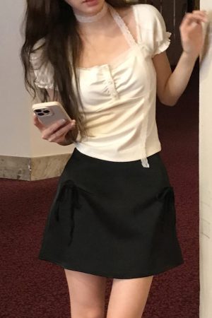 Korean Style Ruffled Short Sleeve Top and Bow Half-Length Skirt Set - Chic Seoul Diary Look