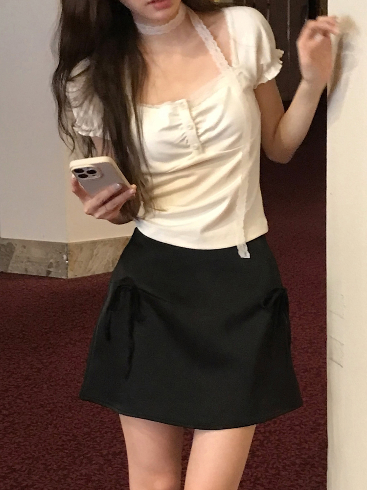 Korean Style Ruffled Short Sleeve Top and Bow Half-Length Skirt Set - Chic Seoul Diary Look Korean Style Ruffled Short Sleeve Top and Bow Half-Length Skirt Set - Chic Seoul Diary Look