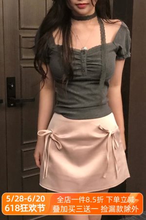 Korean Style Ruffled Short Sleeve Top and Bow Half-Length Skirt Set - Chic Seoul Diary Look