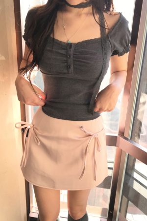 Korean Style Ruffled Short Sleeve Top and Bow Half-Length Skirt Set - Chic Seoul Diary Look