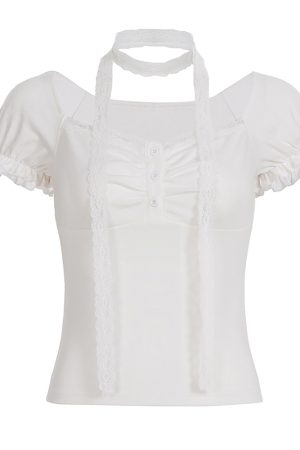 Korean Style Ruffled Short Sleeve Top and Bow Half-Length Skirt Set - Chic Seoul Diary Look