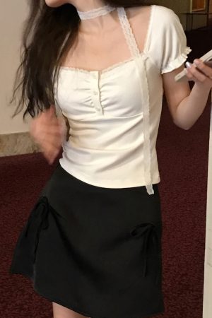 Korean Style Ruffled Short Sleeve Top and Bow Half-Length Skirt Set - Chic Seoul Diary Look