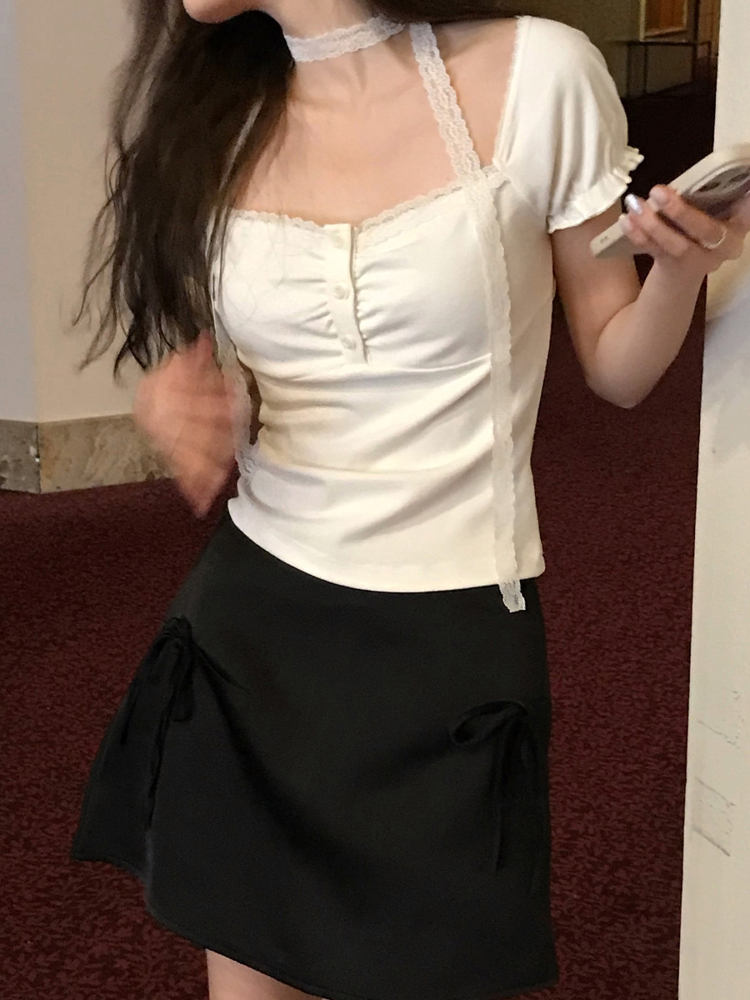 Korean Style Ruffled Short Sleeve Top and Bow Half-Length Skirt Set - Chic Seoul Diary Look Korean Style Ruffled Short Sleeve Top and Bow Half-Length Skirt Set - Chic Seoul Diary Look