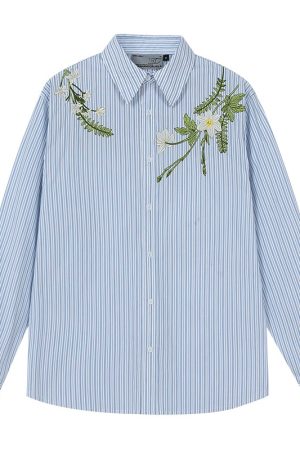 Korean Style Striped Long Sleeve Shirt with Plant Series Embroidery - Trendy OS Fashion Top for a Chic Look