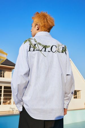 Korean Style Striped Long Sleeve Shirt with Plant Series Embroidery - Trendy OS Fashion Top for a Chic Look