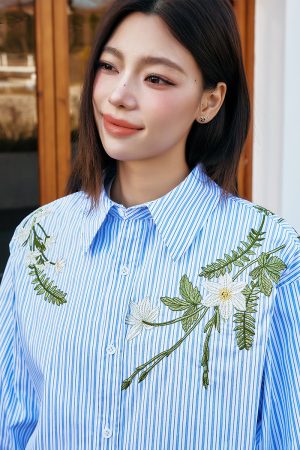 Korean Style Striped Long Sleeve Shirt with Plant Series Embroidery - Trendy OS Fashion Top for a Chic Look