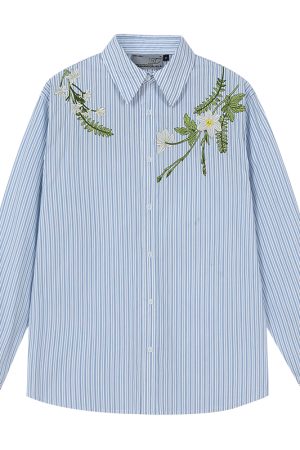 Korean Style Striped Long Sleeve Shirt with Plant Series Embroidery - Trendy OS Fashion Top for a Chic Look