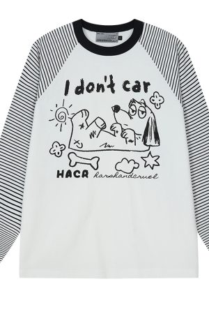 Korean Style Striped Spliced Hand-Painted Loose Raglan Long Sleeve T-Shirt for Couples