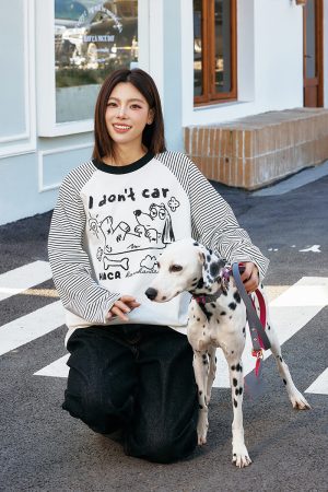 Korean Style Striped Spliced Hand-Painted Loose Raglan Long Sleeve T-Shirt for Couples