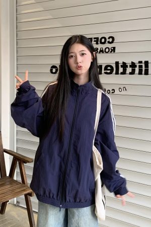 Korean Style Three Stripes Zipper Cardigan Jacket for Women - Loose Sports Casual Summer Coat with Stand Collar and Sun Protection