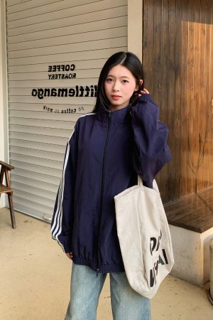 Korean Style Three Stripes Zipper Cardigan Jacket for Women - Loose Sports Casual Summer Coat with Stand Collar and Sun Protection