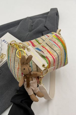 Korean-Style Trendy Women's Rainbow Woven Boston Bag - Versatile Autumn/Winter Shoulder Bag for 2025 Fashion