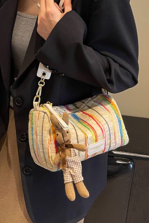 Korean-Style Trendy Women's Rainbow Woven Boston Bag - Versatile Autumn/Winter Shoulder Bag for 2025 Fashion