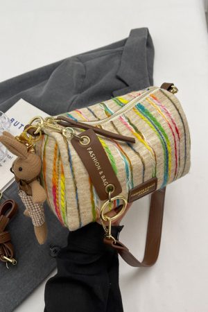 Korean-Style Trendy Women's Rainbow Woven Boston Bag - Versatile Autumn/Winter Shoulder Bag for 2025 Fashion