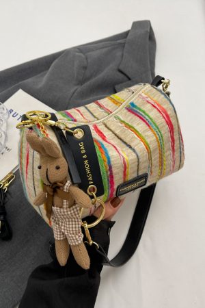 Korean-Style Trendy Women's Rainbow Woven Boston Bag - Versatile Autumn/Winter Shoulder Bag for 2025 Fashion