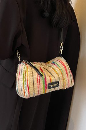Korean-Style Trendy Women's Rainbow Woven Boston Bag - Versatile Autumn/Winter Shoulder Bag for 2025 Fashion