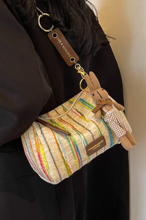 Korean-Style Trendy Women's Rainbow Woven Boston Bag - Versatile Autumn/Winter Shoulder Bag for 2025 Fashion