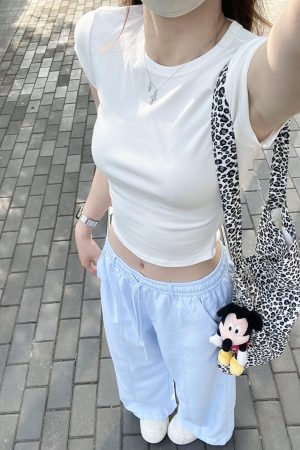 Korean Style White Shoulder-Fitted Slim T-Shirt for Women, Waist-Cinching Non-Transparent Cotton Short Sleeve Top, 2025 Summer Fashion