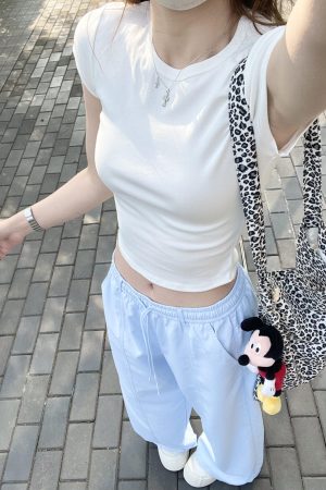Korean Style White Shoulder-Fitted Slim T-Shirt for Women, Waist-Cinching Non-Transparent Cotton Short Sleeve Top, 2025 Summer Fashion