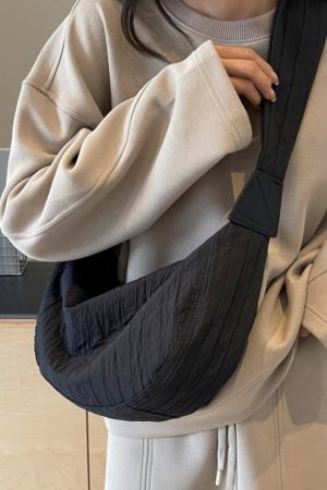 Korean Style Wrinkled Canvas Bag for Women, Casual Large Capacity Commuting Dumpling Shoulder Crossbody Bag, Versatile Student Tote