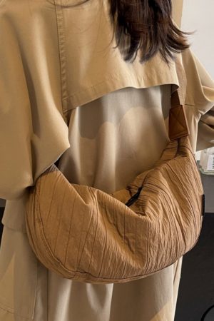 Korean Style Wrinkled Canvas Bag for Women, Casual Large Capacity Commuting Dumpling Shoulder Crossbody Bag, Versatile Student Tote