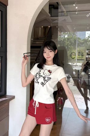Korean Vintage Hello Kitty Letter Print White Round Neck Short Sleeve Slim Fit Women's Top 90s Y2K Style