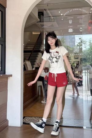 Korean Vintage Hello Kitty Letter Print White Round Neck Short Sleeve Slim Fit Women's Top 90s Y2K Style