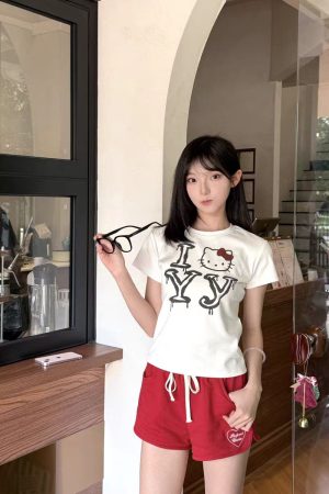 Korean Vintage Hello Kitty Letter Print White Round Neck Short Sleeve Slim Fit Women's Top 90s Y2K Style