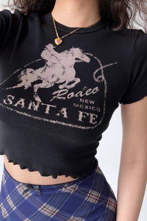 Lace Edge Printed Round Neck Short Sleeve T-Shirt for Women - European American Style Slim Fit High Waist Top, 90s Inspired