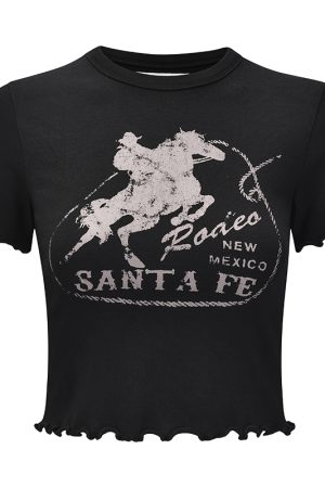 Lace Edge Printed Round Neck Short Sleeve T-Shirt for Women - European American Style Slim Fit High Waist Top, 90s Inspired