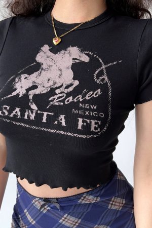 Lace Edge Printed Round Neck Short Sleeve T-Shirt for Women - European American Style Slim Fit High Waist Top, 90s Inspired