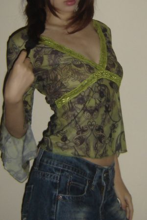 Lace Green Chiffon Low-Cut V-Neck Waist-Defining Sheer Top - Sexy Y2K Style for Trendy Hot Girls