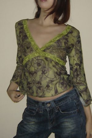 Lace Green Chiffon Low-Cut V-Neck Waist-Defining Sheer Top - Sexy Y2K Style for Trendy Hot Girls