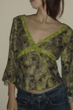 Lace Green Chiffon Low-Cut V-Neck Waist-Defining Sheer Top - Sexy Y2K Style for Trendy Hot Girls