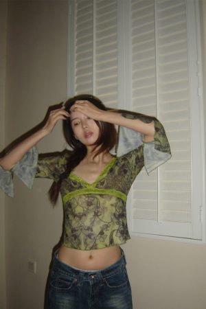 Lace Green Chiffon Low-Cut V-Neck Waist-Defining Sheer Top - Sexy Y2K Style for Trendy Hot Girls