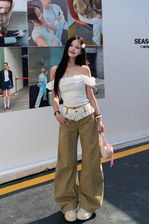 Lace One-Shoulder Floral Bud T-Shirt for Women - Elegant Slim Fit Spring 2025 Top, Y2K Style, Trendy Floral Design