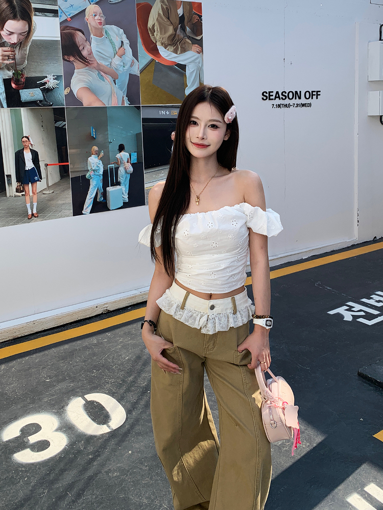 Lace One-Shoulder Floral Bud T-Shirt for Women - Elegant Slim Fit Spring 2025 Top, Y2K Style, Trendy Floral Design Lace One-Shoulder Floral Bud T-Shirt for Women - Elegant Slim Fit Spring 2025 Top, Y2K Style, Trendy Floral Design