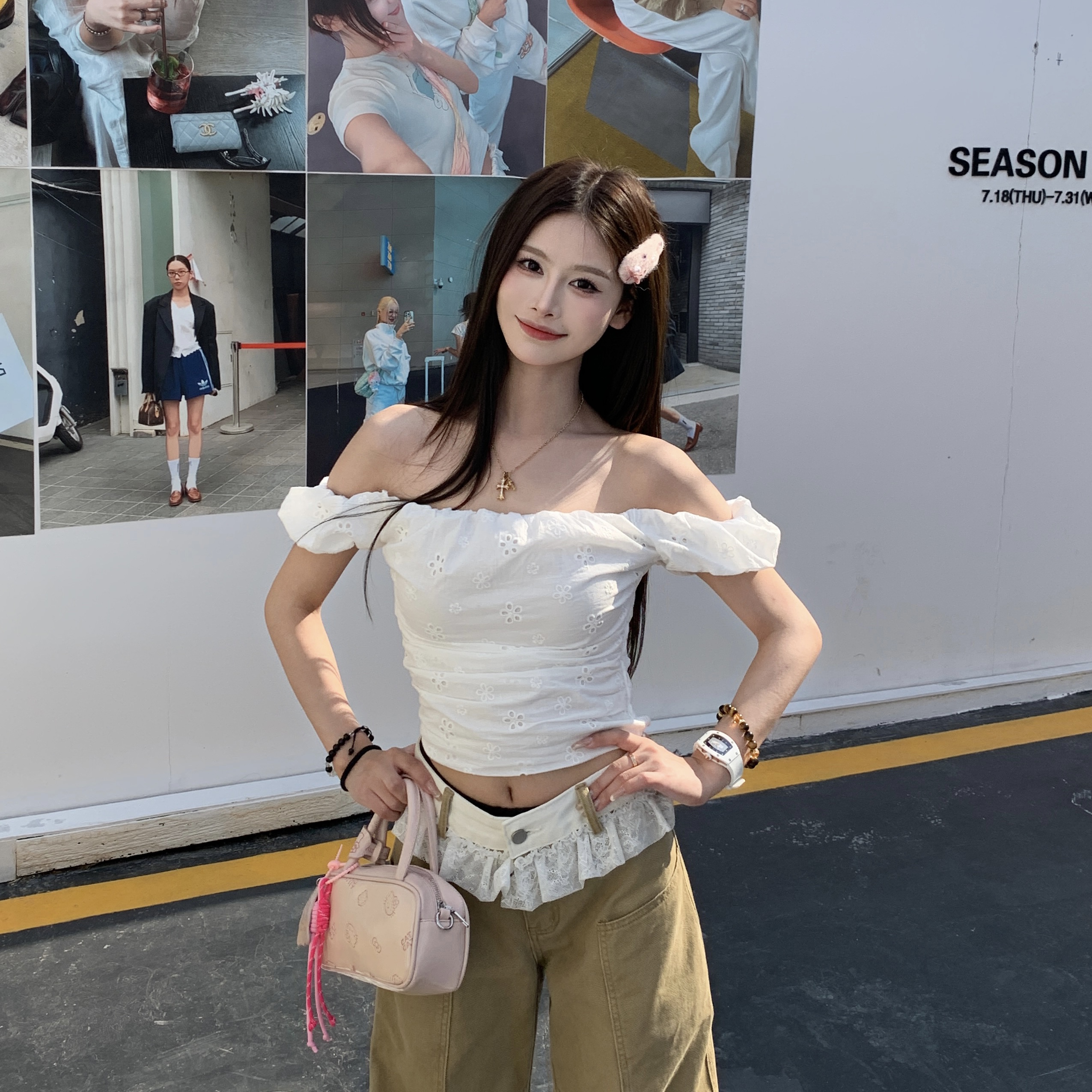 Lace One-Shoulder Floral Bud T-Shirt for Women - Elegant Slim Fit Spring 2025 Top, Y2K Style, Trendy Floral Design Lace One-Shoulder Floral Bud T-Shirt for Women - Elegant Slim Fit Spring 2025 Top, Y2K Style, Trendy Floral Design