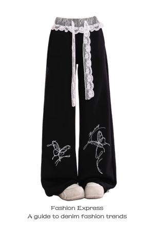 Lace Spliced Black Pants for Women - Summer Casual Loose BF Style, 2025 Trendy Butterfly Design, Y2K Inspired Sweatpants