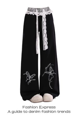 Lace Spliced Black Pants for Women - Summer Casual Loose BF Style, 2025 Trendy Butterfly Design, Y2K Inspired Sweatpants