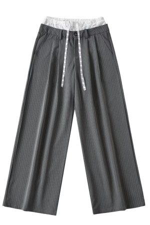 Lace Spliced Low Waist Loose Slimming Striped Wide Leg Pants for Women - Casual 2025 Fashion Trend