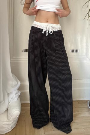 Lace Spliced Low Waist Loose Slimming Striped Wide Leg Pants for Women - Casual 2025 Fashion Trend
