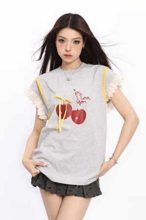 Lace Spliced Short Sleeve T-Shirt for Women with Flutter Sleeves - Cherry Sweet Spicy Summer Top, Trendy Y2K Style