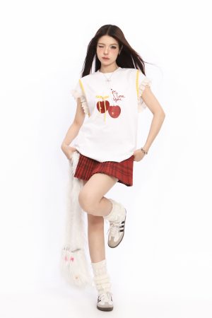 Lace Spliced Short Sleeve T-Shirt for Women with Flutter Sleeves - Cherry Sweet Spicy Summer Top, Trendy Y2K Style