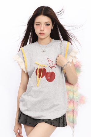 Lace Spliced Short Sleeve T-Shirt for Women with Flutter Sleeves - Cherry Sweet Spicy Summer Top, Trendy Y2K Style